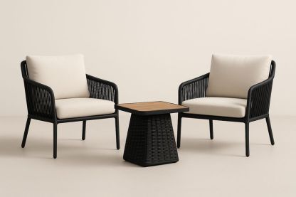 Set da Giardino 2 Poltrone in Alluminio e Rattan Sintetico con Tavolino in Teak Nero Crema