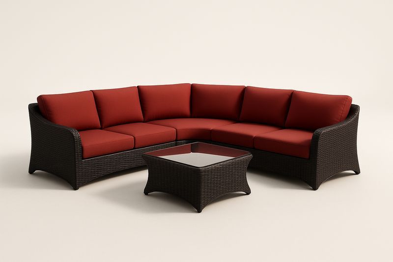 Set angolare divano in rattan sintetico marrone con cuscini rossi e tavolino in vetro temperato