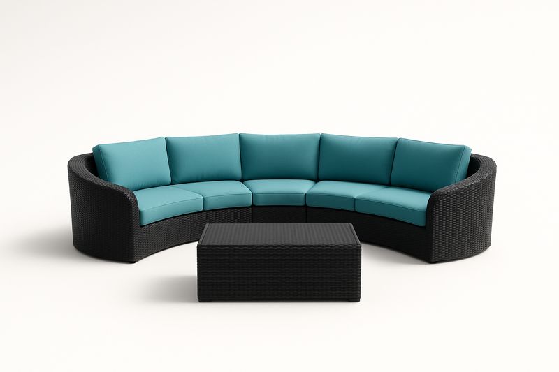 Divano modulare semicircolare in rattan sintetico e tessuto impermeabile turchese