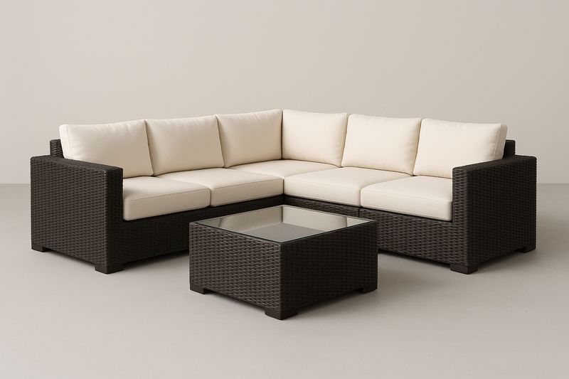 Divano angolare da giardino in rattan con cuscini beige e tavolino in vetro temperato