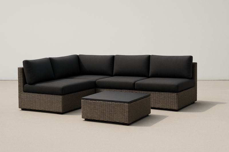 Divano Angolare da Esterno in Rattan con Cuscini Neri