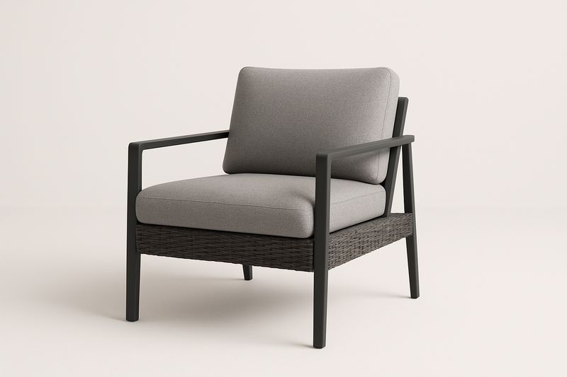 Poltrona in Acciaio e Rattan con Cuscini Grigi