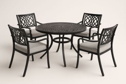 Set tavolo rotondo in alluminio con 4 sedie cuscinate colore Nero