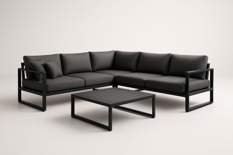 Set Divano Angolare da Esterno Metallo Nero Cuscini Grigio Scuro