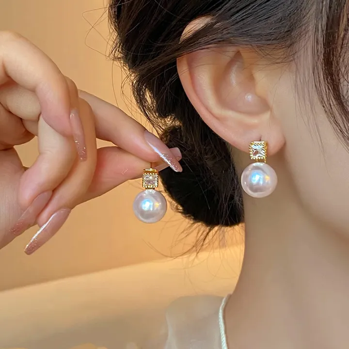Zircon Silver Ear Stud Pearl Earrings