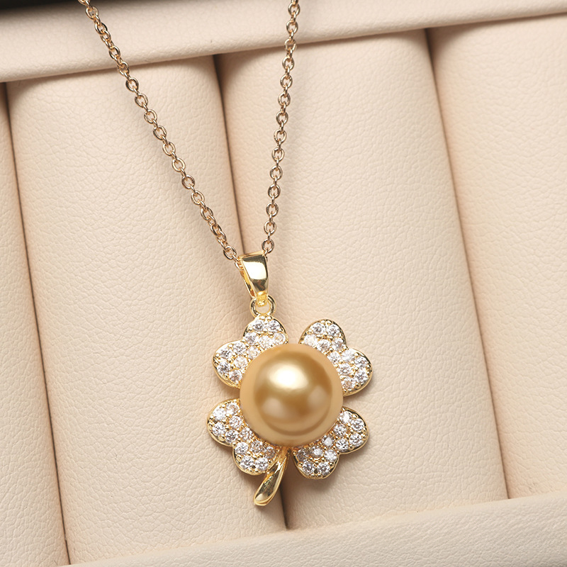 14K Pearl Jewelry Set Four-leaf Necklace/Earrings