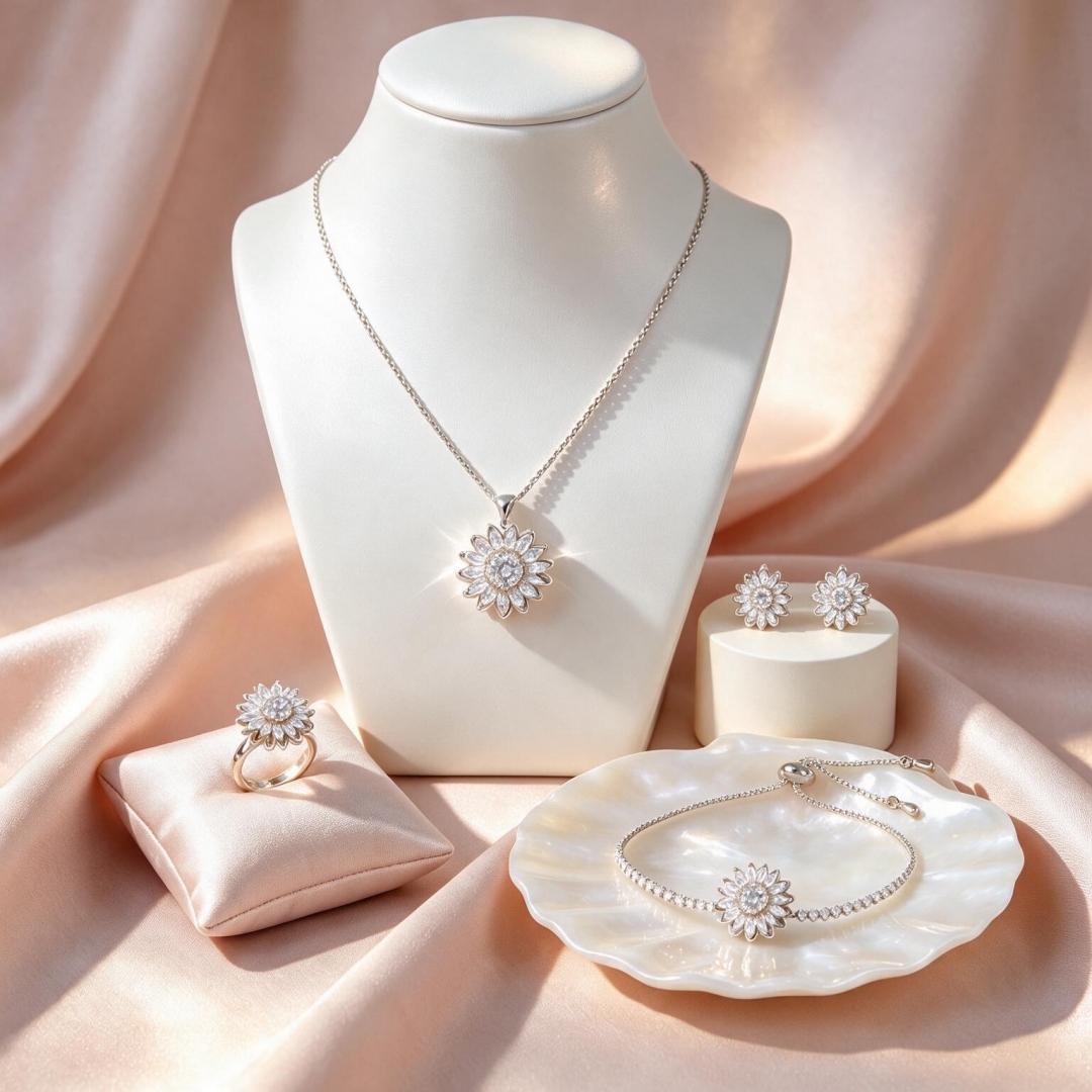 🌻 Moissanite Rotating Sunflower Jewelry Set