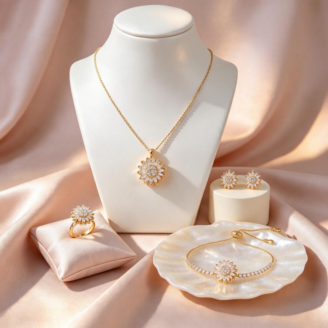 🌻 Moissanite Rotating Sunflower Jewelry Set