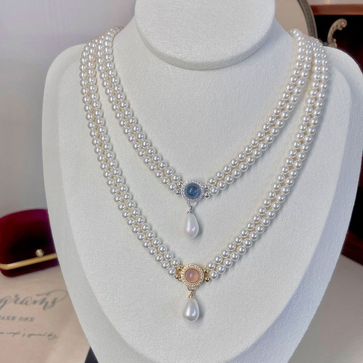 Gemstone Drop Pendant Double Pearl Necklace