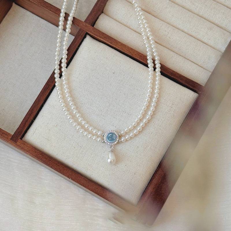Gemstone Drop Pendant Double Pearl Necklace
