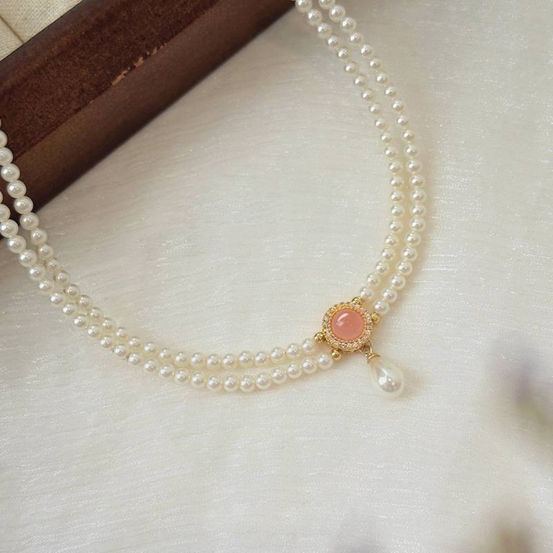 Gemstone Drop Pendant Double Pearl Necklace