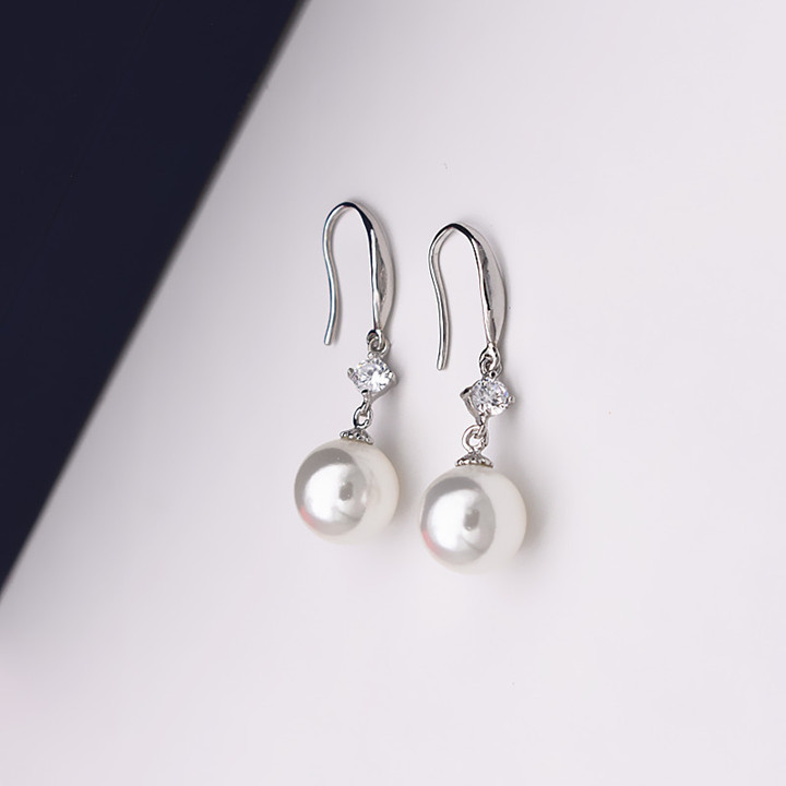 925 Sterling Silver Diamond Plated Inlay Pearl Pendant Earrings