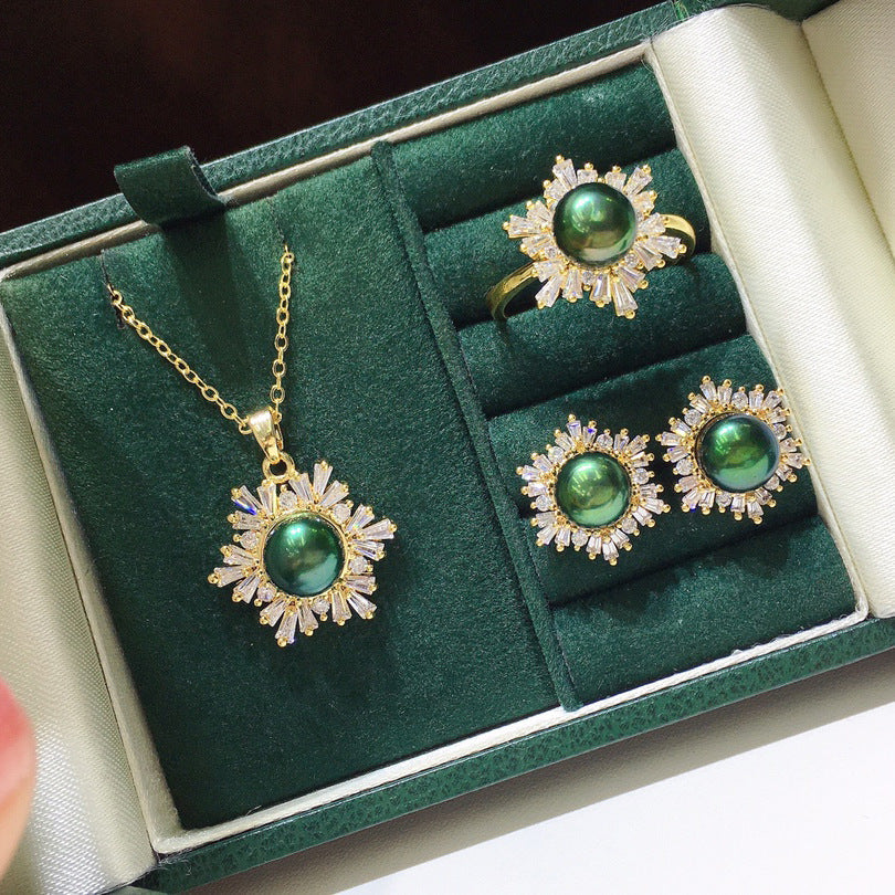 Black Green Real Pearl Jewelry Set in 6 Colors | Snowflakes Pearl Earrings Pearl Ring and Pearl Pendant | AAA Pearl Diamond Set for Women