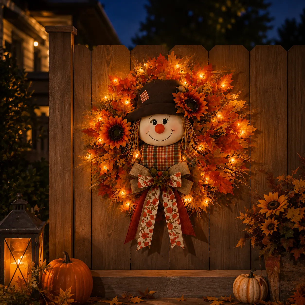 🍂🌻Megvilágított madárijesztő őszi koszorú bejárati ajtóra