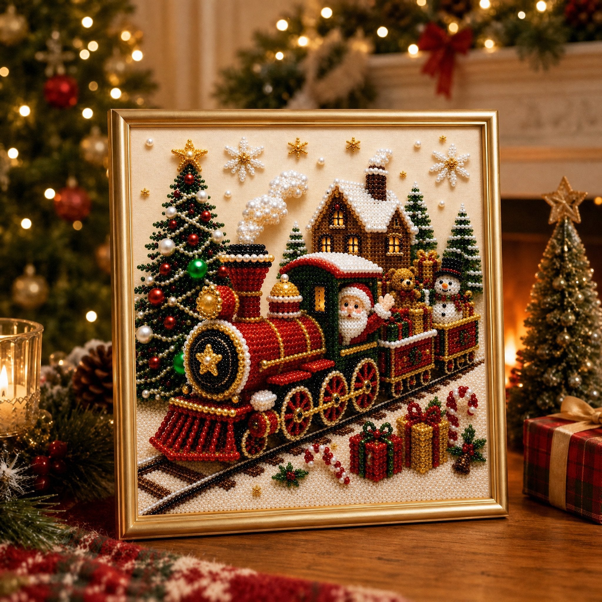🎄🎅 Prémium 3D gyöngyös karácsonyi fali dekorációs készlet | Luxus pelyhesített vászon karcálló, nem fakuló gyöngyökkel, barkács ünnepi dekoráció ⛄️❄️