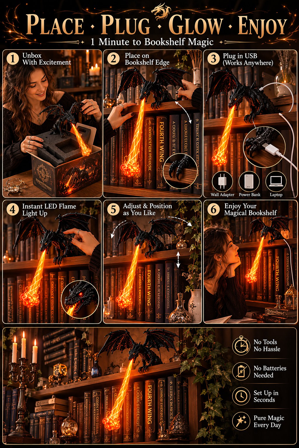 Tűzokádó sárkány LED szobor | Fantasy könyvespolc és íróasztal dekoráció