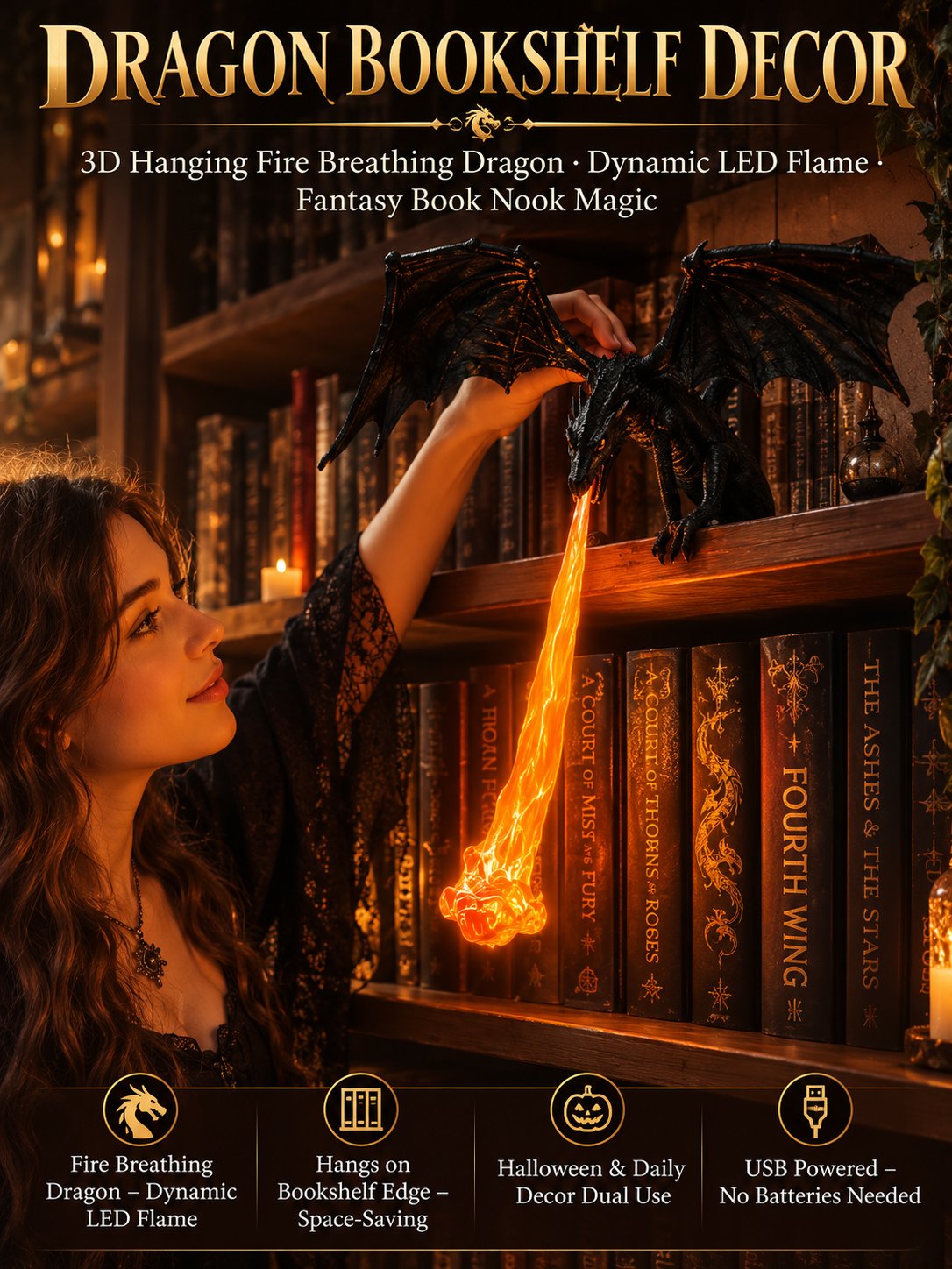 Tűzokádó sárkány LED szobor | Fantasy könyvespolc és íróasztal dekoráció