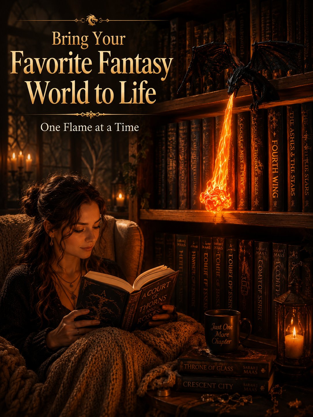 Tűzokádó sárkány LED szobor | Fantasy könyvespolc és íróasztal dekoráció