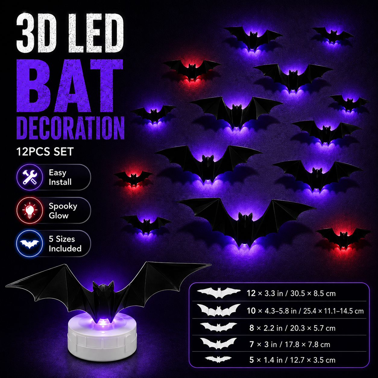 3D-s denevérfényes LED-es dekorációk, Halloweeni ijesztő díszek, hajlítható falmatricák sima, buborékmentes alkalmazással, könnyen felszerelhető, elemes, világító dekoráció, távirányító nélküli beltéri dekoráció otthonra, partira, ablakra, ajtóra, fesztiv