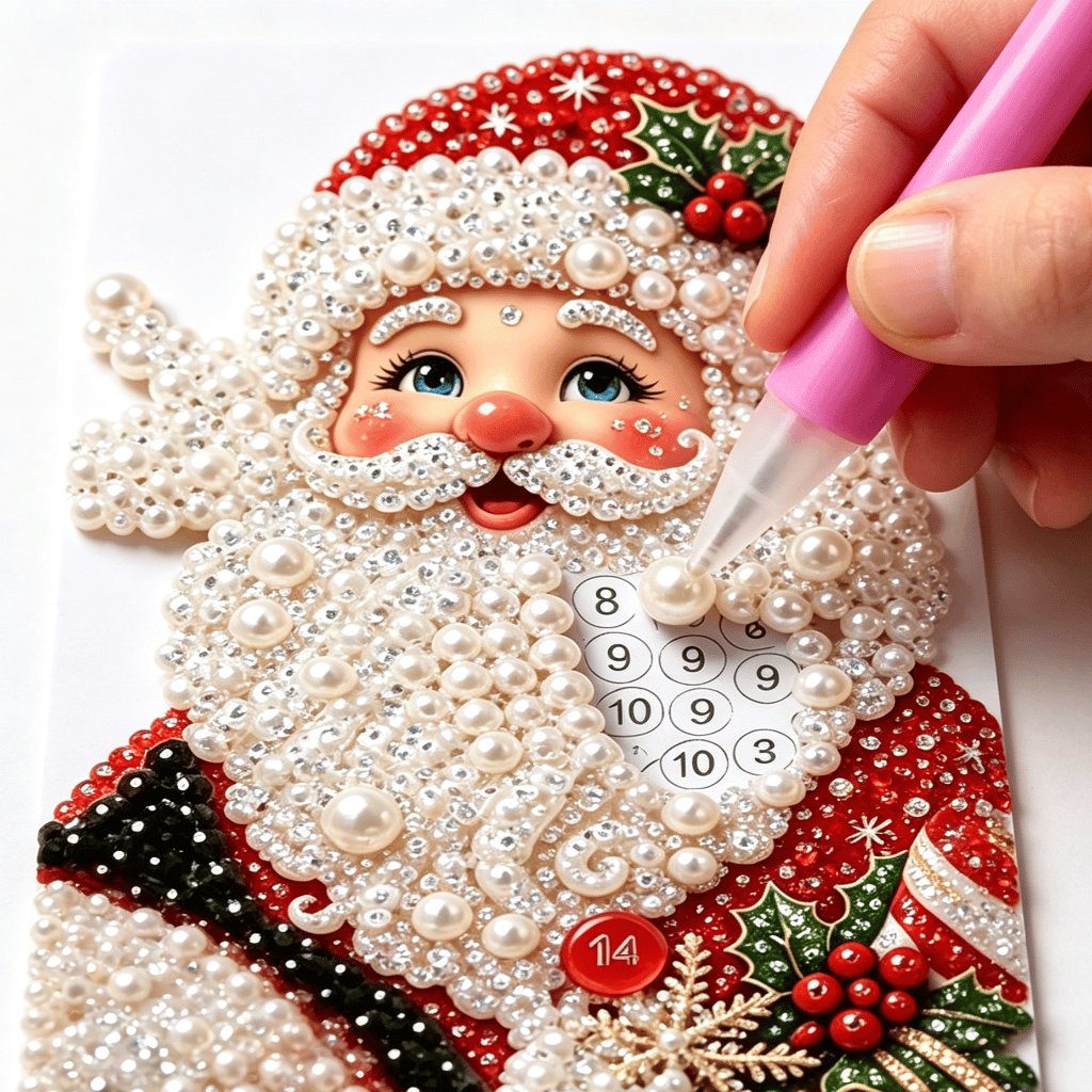 Placing Pearl Beads on Santa Diamond Art Design Placing Pearl Beads on Santa Diamond Art Design
