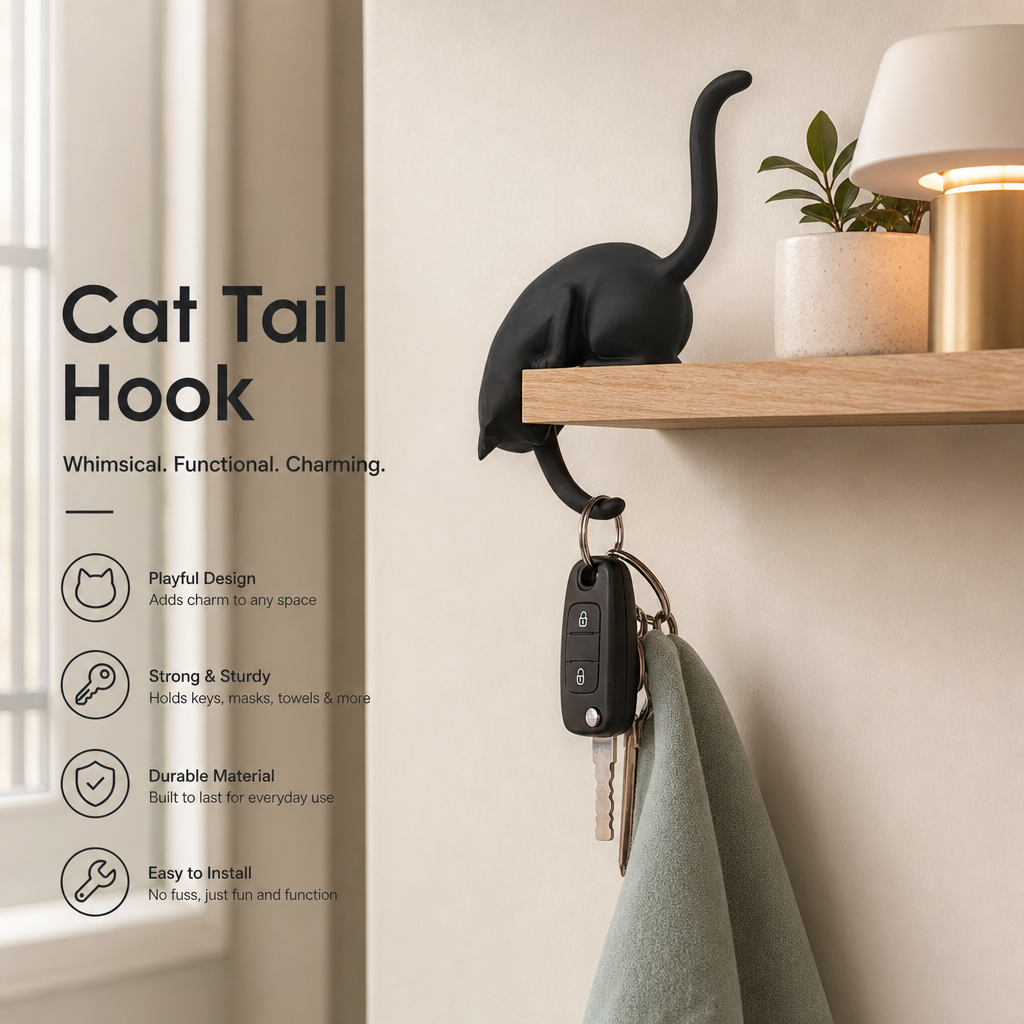Cat decor on living room shelf