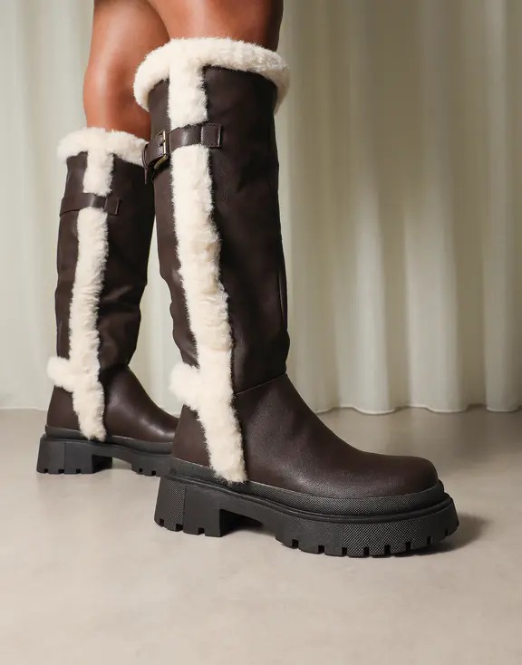 Brown Faux Fur Detail Chunky Boots