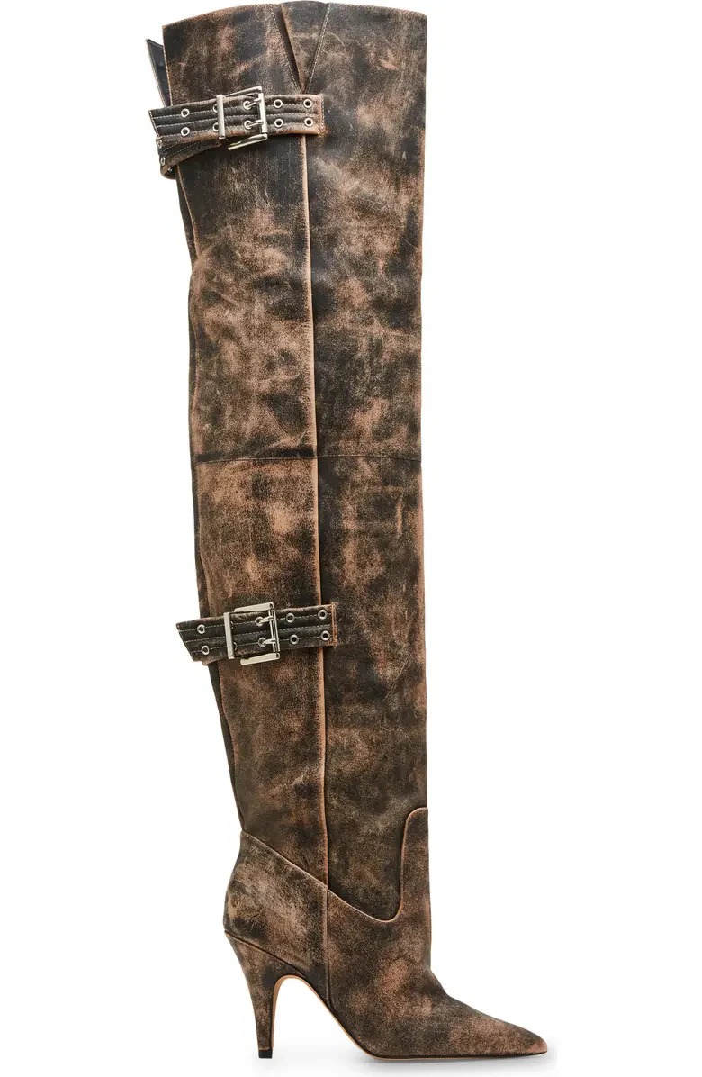 Distressed Leather Over-The-Knee Moto Boots