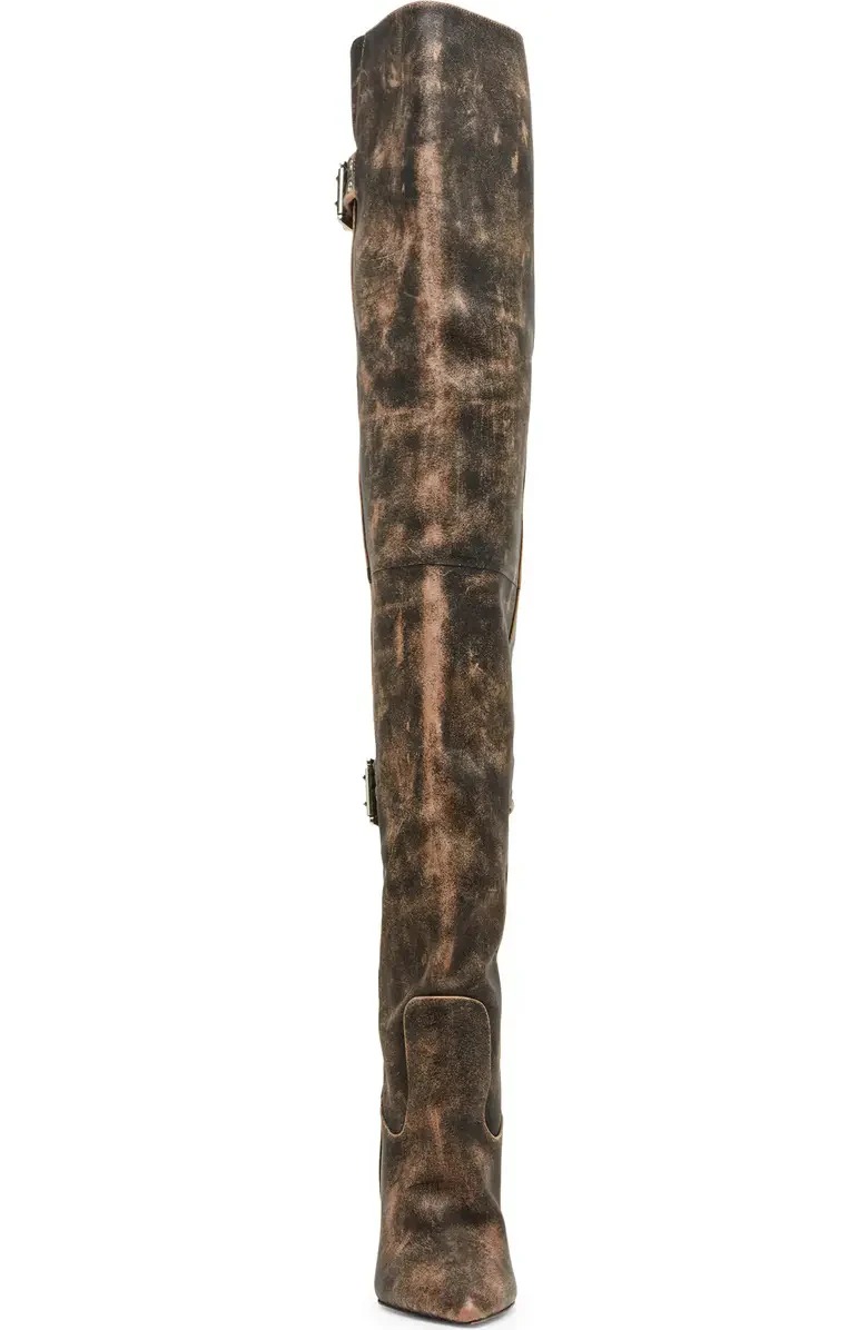 Distressed Leather Over-The-Knee Moto Boots