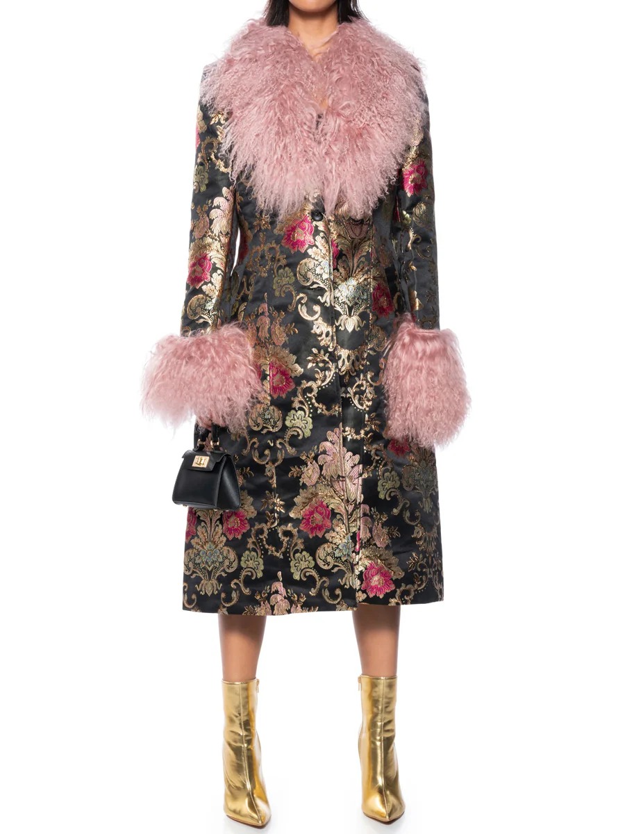 Detachable Faux Fur Patchwork Floral Print Coat