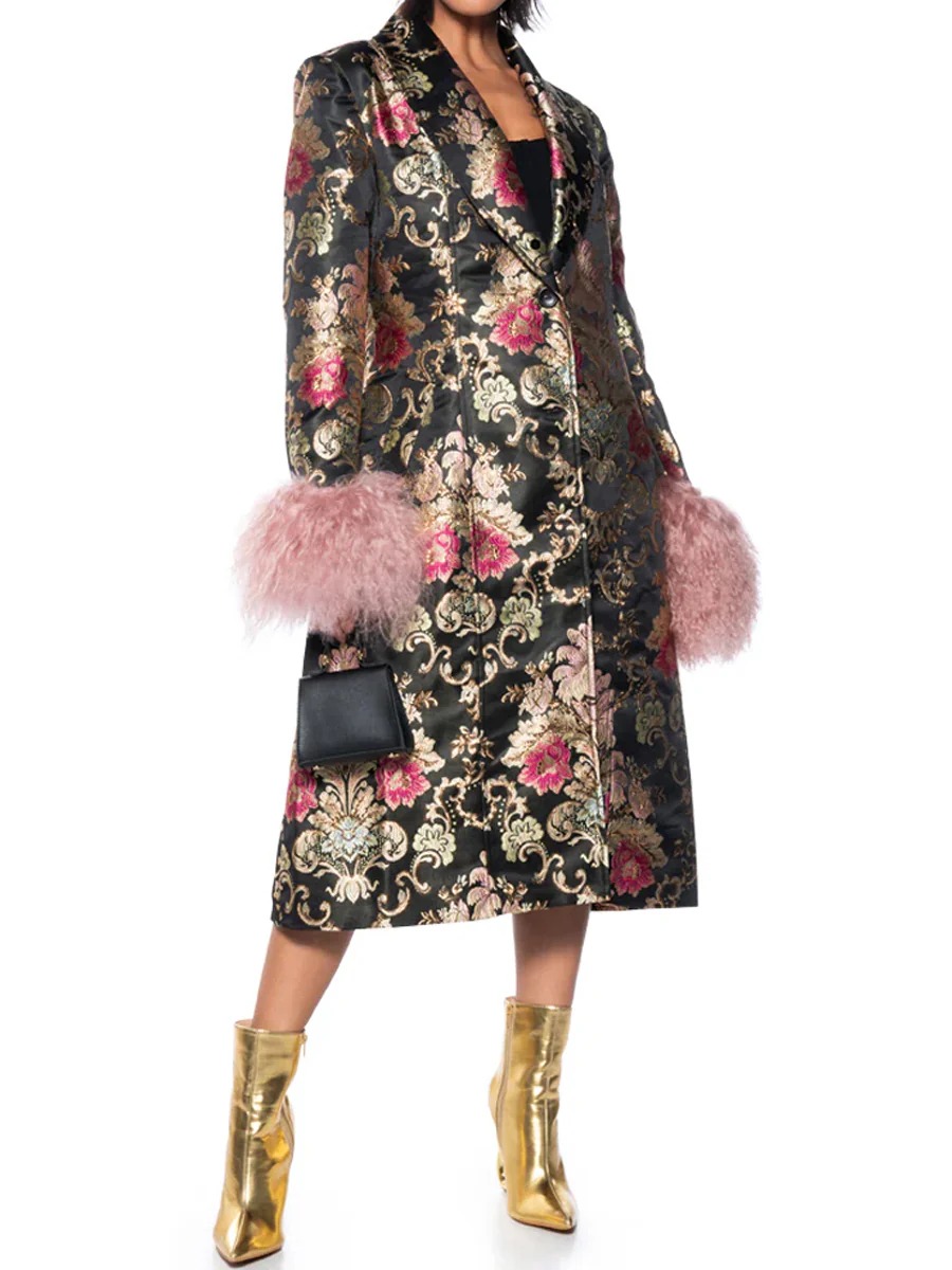 Detachable Faux Fur Patchwork Floral Print Coat