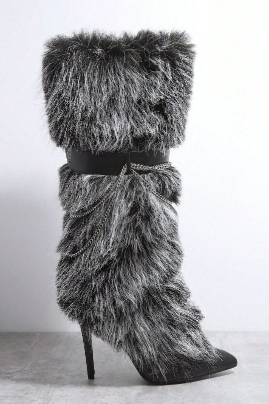 Trendy Fuzzy Chain Stiletto Knee High Boots