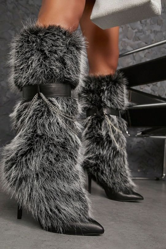 Trendy Fuzzy Chain Stiletto Knee High Boots