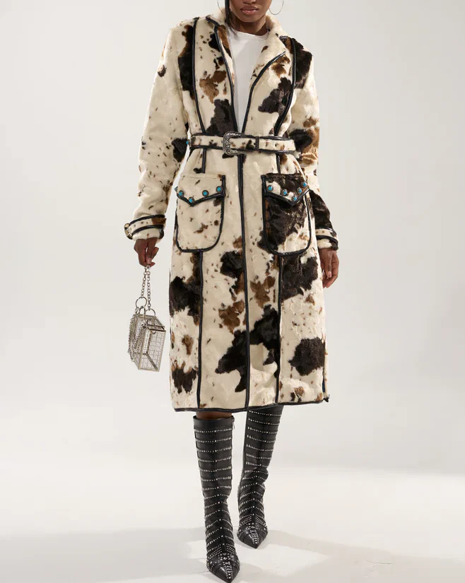 Cow-print trench coat