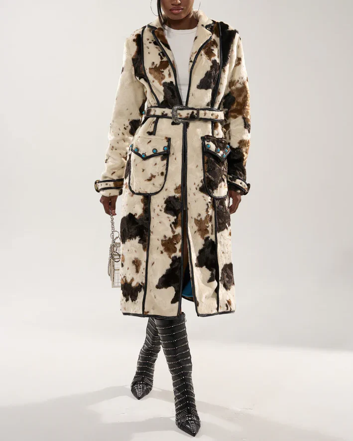 Cow-print trench coat