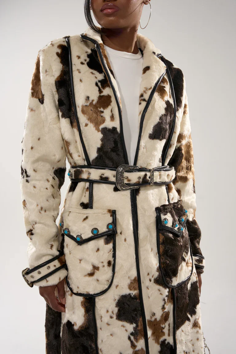 Cow-print trench coat