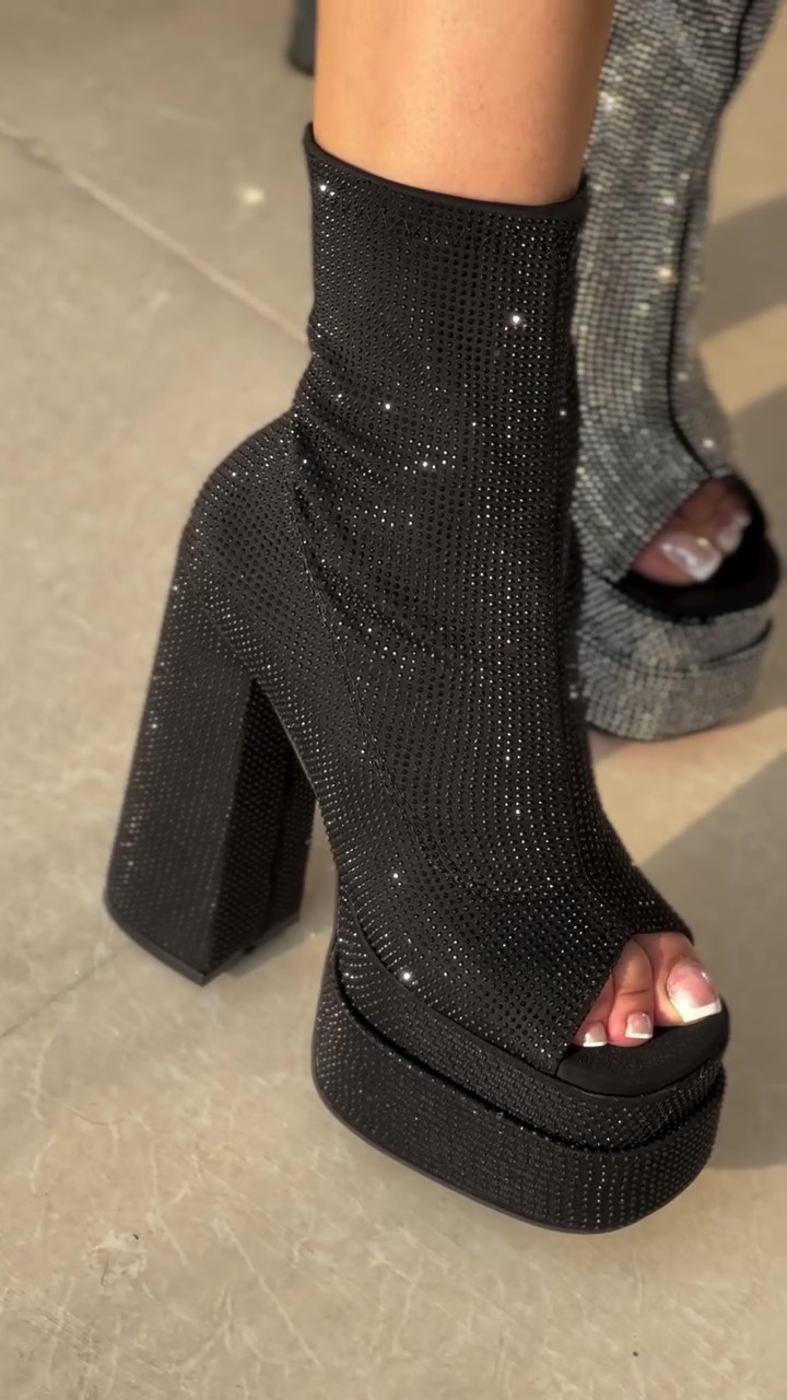 Chunky-heeled Open-toe Rhinestone High Heels