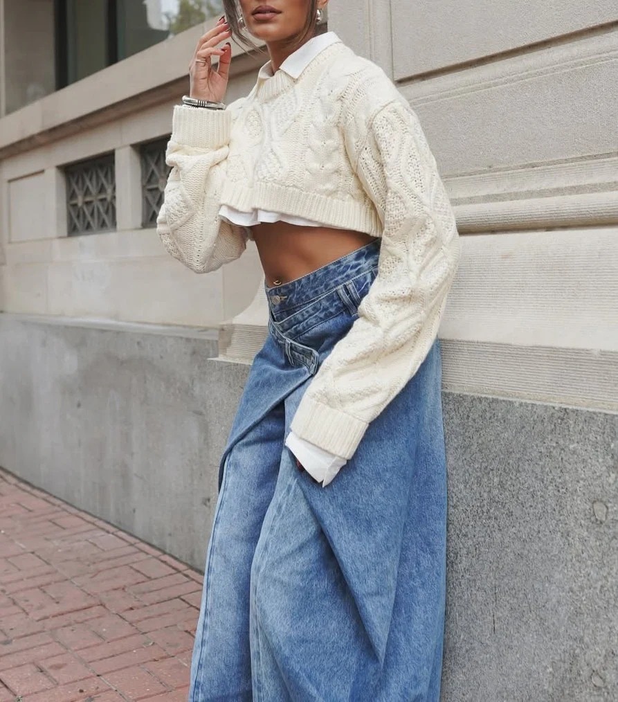 Cross-Front Wide-Leg Jeans