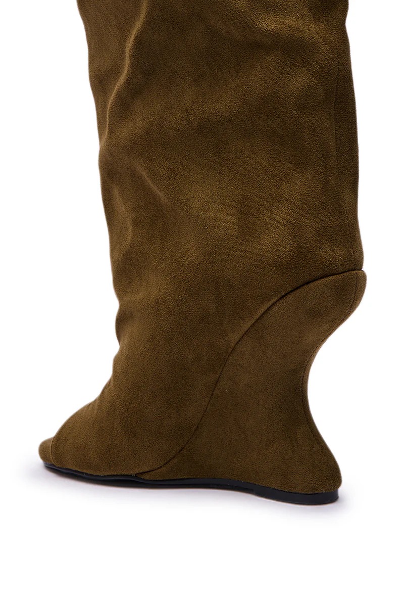 OLIVE FAUX SUDED OPEN TOE WEDGE BOOT