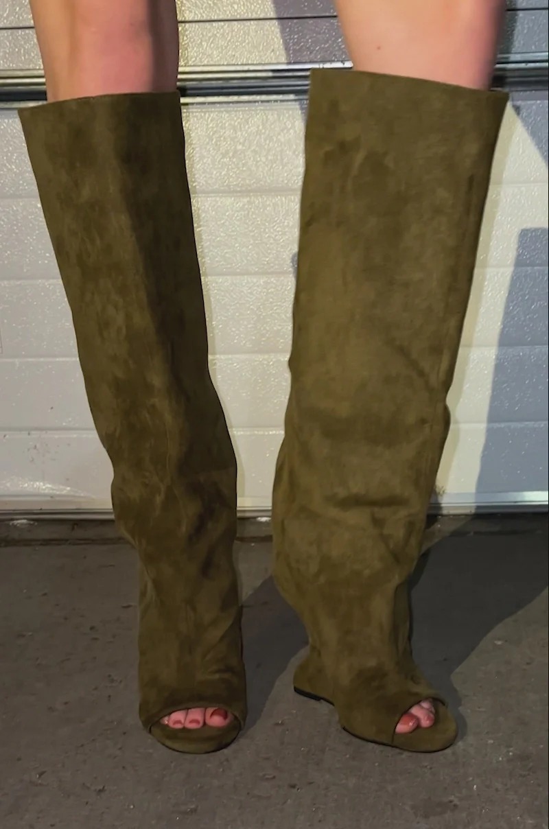 OLIVE FAUX SUDED OPEN TOE WEDGE BOOT