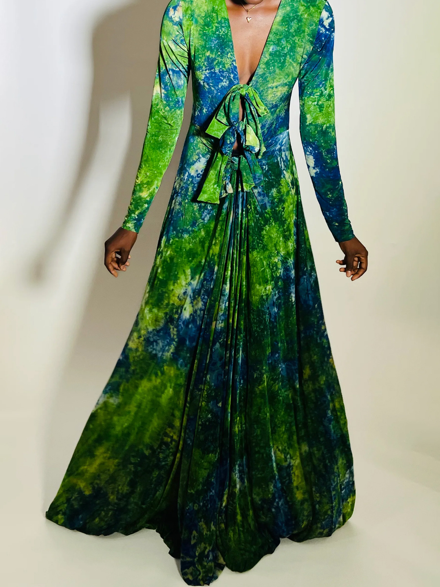 Tie Details Tie Dye Deep V Neck Maxi Dress