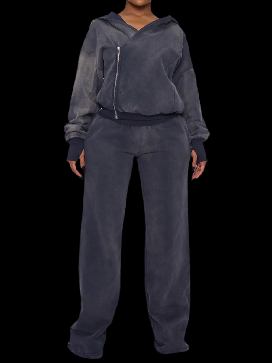 Asymmetrical Hooded Zip Up Two Pieces Set