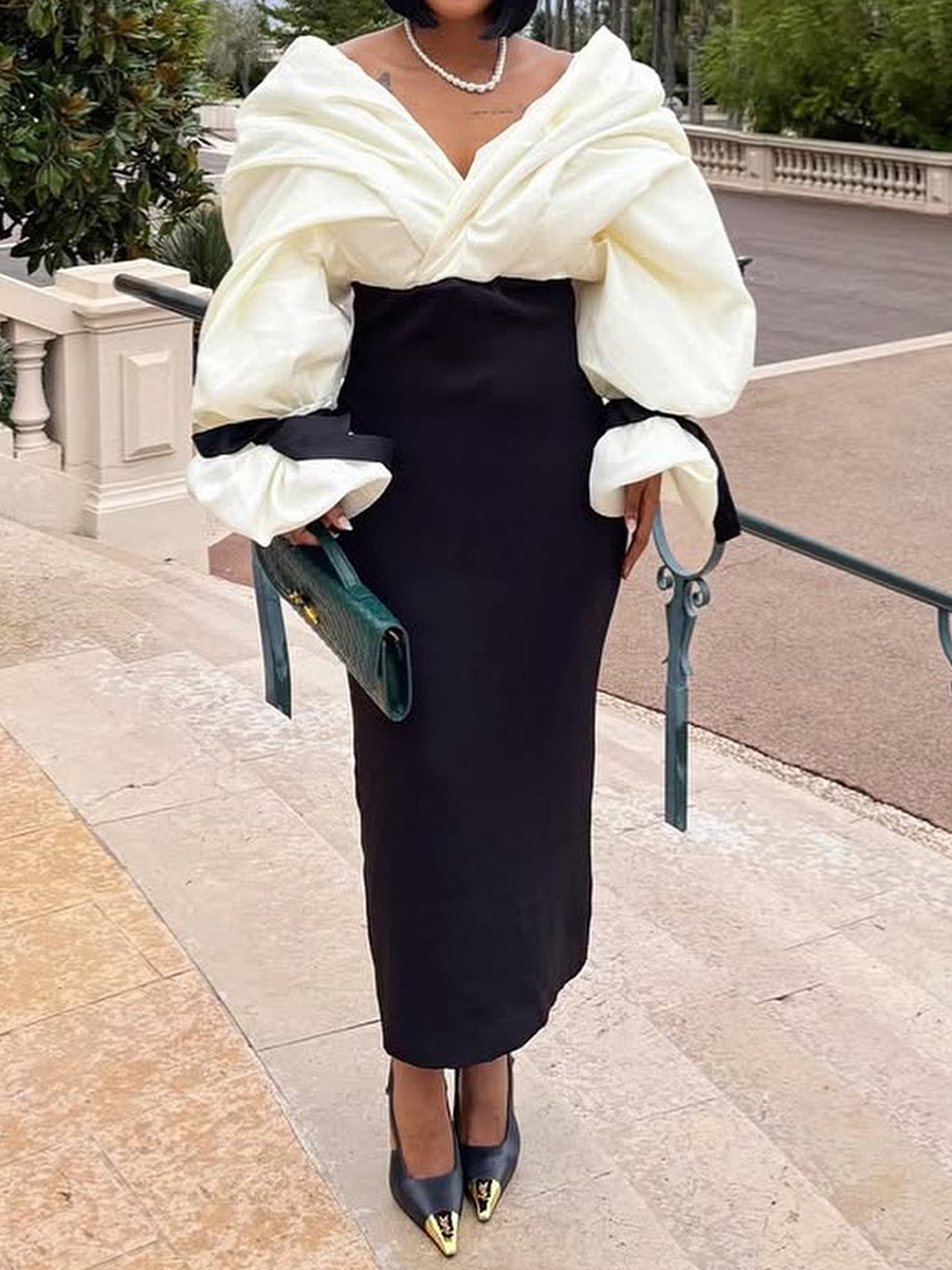 Elegant Deep V Neck Patchwork Maxi Dress