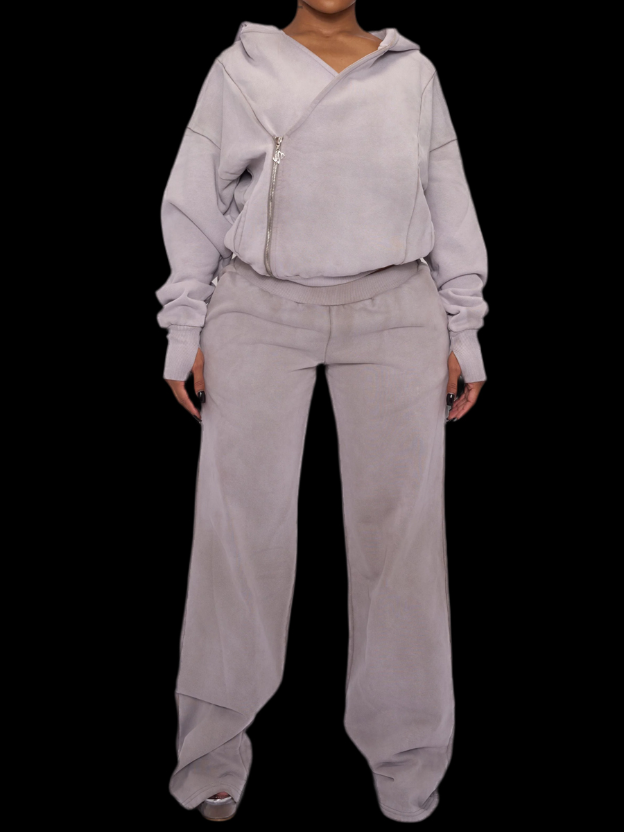 Asymmetrical Hooded Zip Up Two Pieces Set