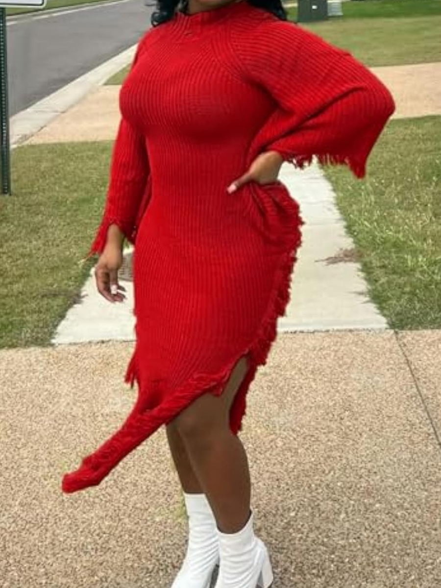 Crewneck Batwing Sleeve Tassel Knit Dress