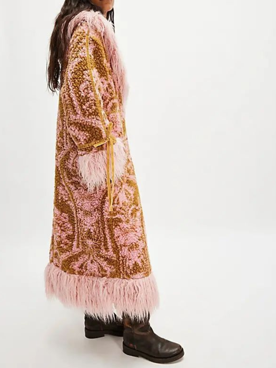 Printed Lambskin Faux Fur-Trim Coat