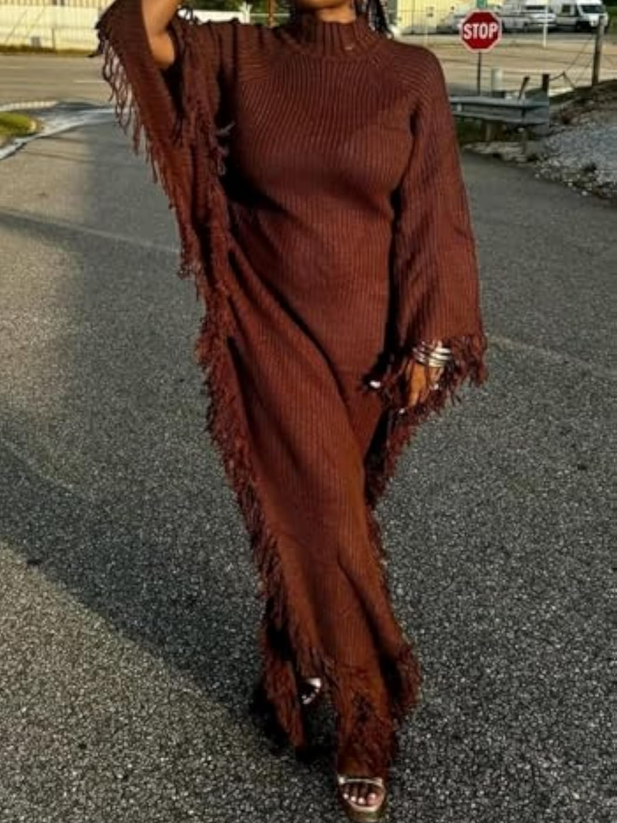 Crewneck Batwing Sleeve Tassel Knit Dress