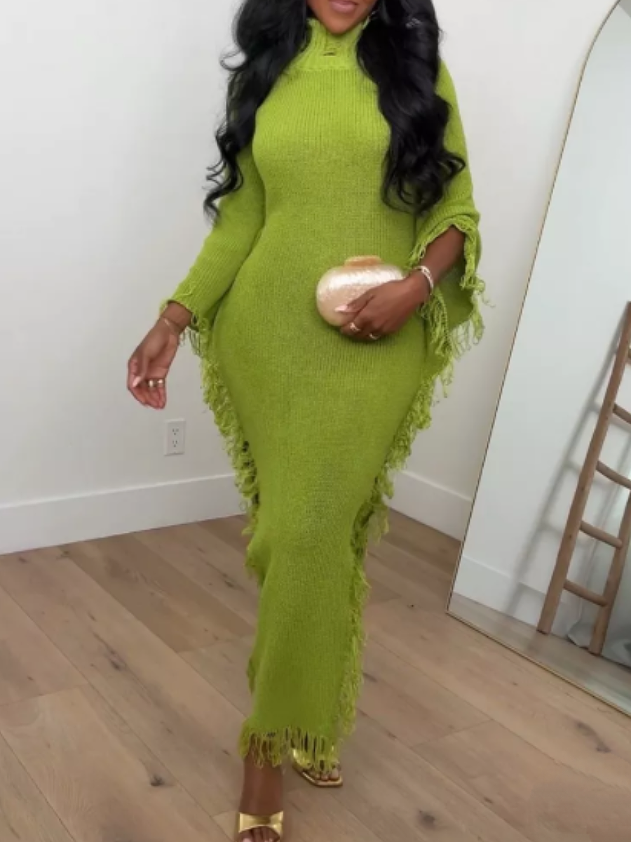 Crewneck Batwing Sleeve Tassel Knit Dress