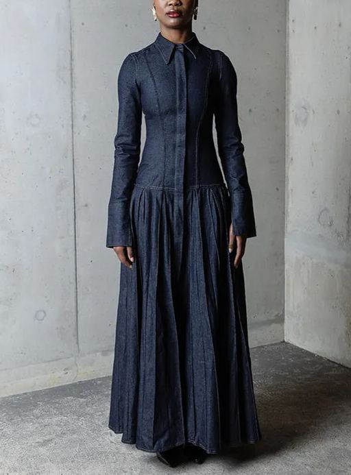 Pleated Flared Denim Dress