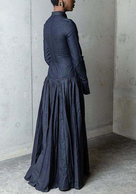 Pleated Flared Denim Dress