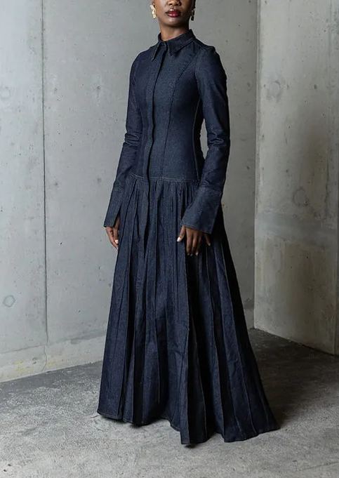 Pleated Flared Denim Dress